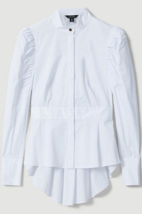 Lydia Millen Cotton Poplin Peplum Woven Shirt in White | women’s puff sleeve dip hem statement shirts | Karen Millen fashion | romantic style flared hem blouse