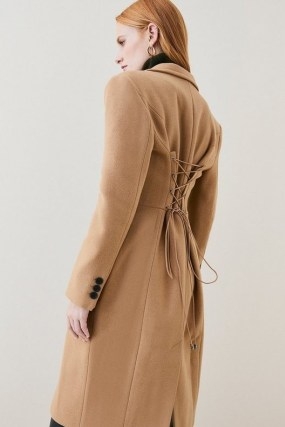 Lydia Millen Italian Virgin Wool Corset Waist Coat in Camel | women’s light brown lace up back winter coats | Karen Millen women’s outerwear - flipped