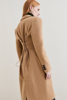 Lydia Millen Italian Virgin Wool Corset Waist Coat in Camel | women’s light brown lace up back winter coats | Karen Millen women’s outerwear