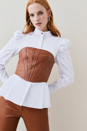 Lydia Millen Leather Corset Top in Tan | brown cropped bandeau tops | strapless style | crop hem | fitted bodice fashion | Karen Millen women’s clothes