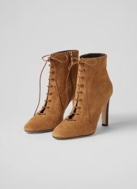 L.K. BENNETT Lydia Tan Suede Lace-Up Ankle Boots ~ luxe light brown high stacked heel booties ~ women’s stylish autumn footwear