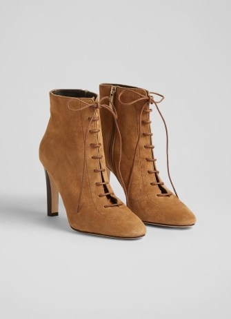L.K. BENNETT Lydia Tan Suede Lace-Up Ankle Boots ~ luxe light brown high stacked heel booties ~ women’s stylish autumn footwear - flipped