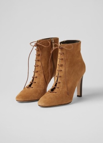 L.K. BENNETT Lydia Tan Suede Lace-Up Ankle Boots ~ luxe light brown high stacked heel booties ~ women’s stylish autumn footwear