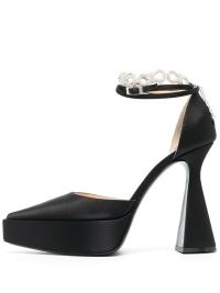 MACH & MACH 140mm crystal-embellished platform pumps in black – high sculpted heels – pointed toe ankle strap platforms – flared heel – farfetch
