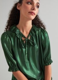 L.K. BENNETT Margot Dark Green Lamé Gerogette Frill Collar Blouse ~ metallic ruffle trim blouses