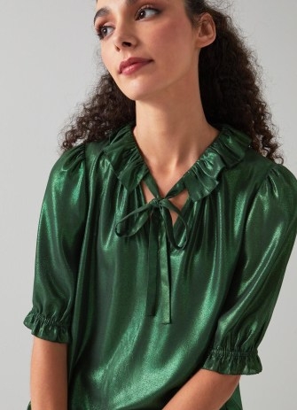 L.K. BENNETT Margot Dark Green Lamé Gerogette Frill Collar Blouse ~ metallic ruffle trim blouses - flipped
