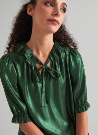 L.K. BENNETT Margot Dark Green Lamé Gerogette Frill Collar Blouse ~ metallic ruffle trim blouses