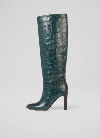 L.K. BENNETT Margret Sea Green Croc-Effect Leather Knee-High Boots – womens crocodile embossed footwear