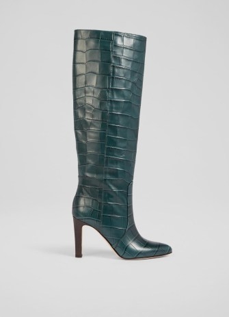 L.K. BENNETT Margret Sea Green Croc-Effect Leather Knee-High Boots – womens crocodile embossed footwear - flipped