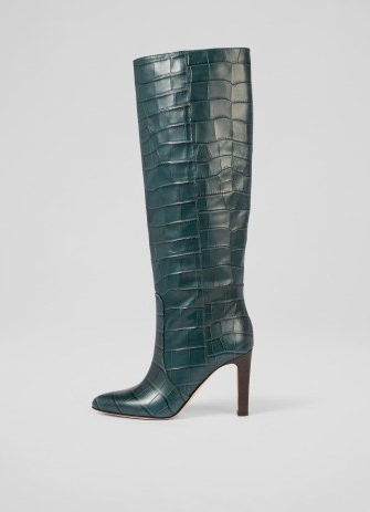 L.K. BENNETT Margret Sea Green Croc-Effect Leather Knee-High Boots – womens crocodile embossed footwear