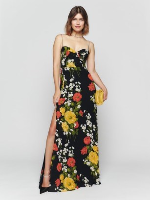 Reformation Melita Dress in Luisa / floral print spaghetti strap maxi dresses / sweetheart neckline occasion fashion / skinny shoulder straps / strappy evening clothes / high side slit hem - flipped