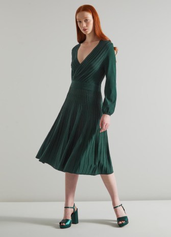 L.K. BENNETT Merida Green Sparkle Rib Knit Wrap Dress ~ long sleeved deep V-neck midi dresses ~ flippy style hem ~ women’s occasion clothes with metallic fibres - flipped