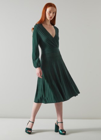 L.K. BENNETT Merida Green Sparkle Rib Knit Wrap Dress ~ long sleeved deep V-neck midi dresses ~ flippy style hem ~ women’s occasion clothes with metallic fibres