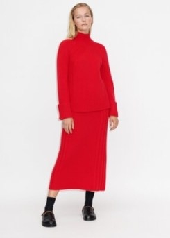 ME and EM Merino Cashmere Skirt Co-ord in Racing Red – bright knitted fashion sets – on-trend skirts and high neck jumper two piece – womens winter clothing co-ords - flipped
