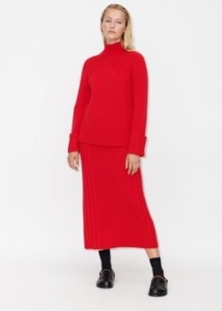 ME and EM Merino Cashmere Skirt Co-ord in Racing Red – bright knitted fashion sets – on-trend skirts and high neck jumper two piece – womens winter clothing co-ords