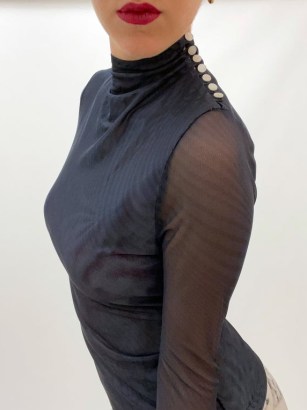 La Femme Apéro MESH MOCK NECK WAVE in BLACK – women’s sheer sleeved high neck tops – chic fashion – shoulder button detail - flipped