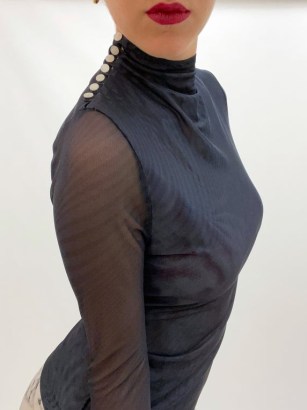 La Femme Apéro MESH MOCK NECK WAVE in BLACK – women’s sheer sleeved high neck tops – chic fashion – shoulder button detail