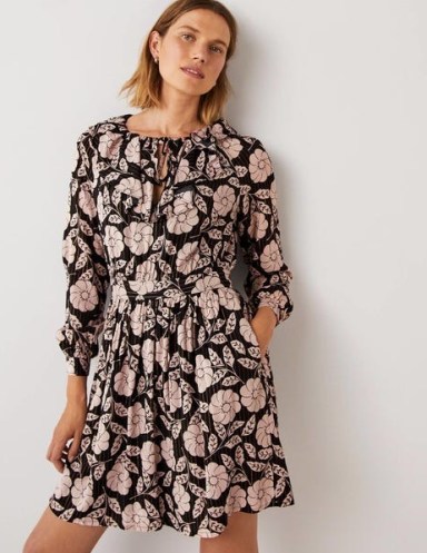 Boden Metallic Frill Detail Dress Black Botanica – women’s floral fit and flare dresses - flipped