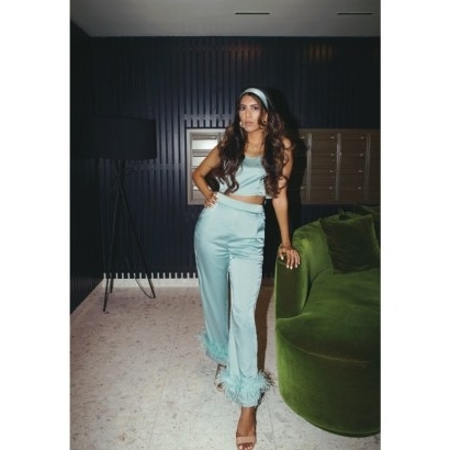 COSHEROOM LONDON MINT CHAI LOOK ~ green crop top and trouser set ~ womne’s glamorous silky look fashion co-ords - flipped