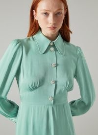 L.K. BENNETT Mira Green Crepe Long Sleeve Tea Dress – women’s clothes with retro colours – womens collared vintage style dresses
