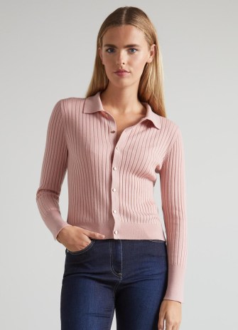 L.K. BENNETT Monmouth Pink Ribbed Sustainably Sourced Merino Wool Cardigan ~ collared rib knit cardigans ~ cute skinny knits - flipped