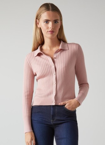 L.K. BENNETT Monmouth Pink Ribbed Sustainably Sourced Merino Wool Cardigan ~ collared rib knit cardigans ~ cute skinny knits