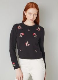 L.K. BENNETT Monty Black Cotton-Wool Floral Embroidered Jumper / women’s round neck jumpers with embroidery