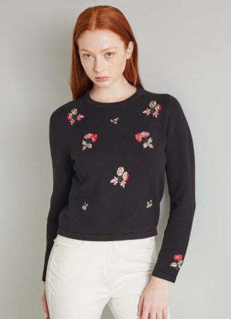 L.K. BENNETT Monty Black Cotton-Wool Floral Embroidered Jumper / women’s round neck jumpers with embroidery - flipped