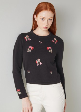 L.K. BENNETT Monty Black Cotton-Wool Floral Embroidered Jumper / women’s round neck jumpers with embroidery