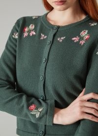 L.K. BENNETT Monty Green Cotton-Wool Floral Embroidered Cardigan – women’s round neck button up cardigans with embroidery