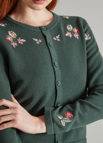 L.K. BENNETT Monty Green Cotton-Wool Floral Embroidered Cardigan – women’s round neck button up cardigans with embroidery - flipped