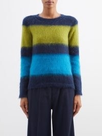MAX MARA Ulivo sweater in navy | women’s fluffy tonal striped sweaters | womens blue and green colourblock textured jumpers | MATCHESFASHION knitwear