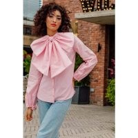 Neubyrne NEU BOW TIE BLOUSE PINK ~ women’s cotton poplin statement blouses ~ oversized bows on womens fashion ~ crystal buttons ~ wolf & badger