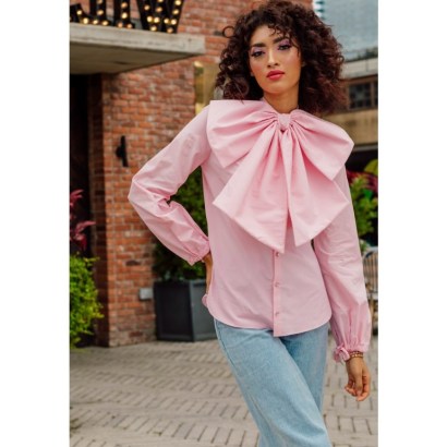 Neubyrne NEU BOW TIE BLOUSE PINK ~ women’s cotton poplin statement blouses ~ oversized bows on womens fashion ~ crystal buttons ~ wolf & badger - flipped