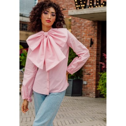 Neubyrne NEU BOW TIE BLOUSE PINK ~ women’s cotton poplin statement blouses ~ oversized bows on womens fashion ~ crystal buttons ~ wolf & badger