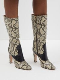 GUCCI Cam python-effect leather knee-high boots in cream and black / women’s designer snake print footwear / glamorous animal prints / matchesfashion
