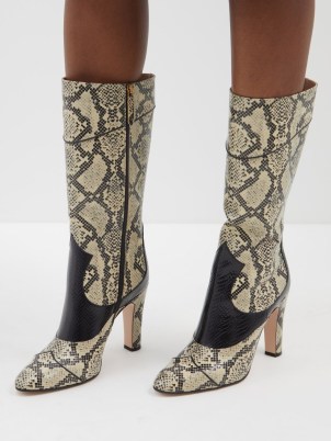 GUCCI Cam python-effect leather knee-high boots in cream and black / women’s designer snake print footwear / glamorous animal prints / matchesfashion - flipped