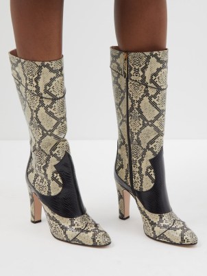 GUCCI Cam python-effect leather knee-high boots in cream and black / women’s designer snake print footwear / glamorous animal prints / matchesfashion