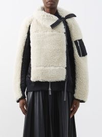 SACAI Faux-shearling bomber jacket in cream / women’s luxe monochrome winter jackets / textured designer outerwear / matchesfashion