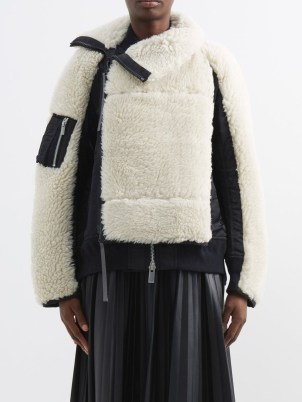SACAI Faux-shearling bomber jacket in cream / women’s luxe monochrome winter jackets / textured designer outerwear / matchesfashion - flipped