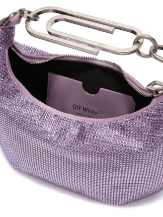 Off-White paperclip embellished shoulder bag in lilac purple / shimmering crystal covered handbags / small luxe bags / farfetch