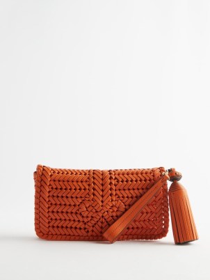 ANYA HINDMARCH Neeson tassel braided-leather clutch bag in orange – small wristlet strap envelope bags – matchesfashion - flipped