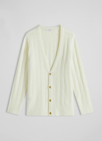 L.K. BENNETT Orla Cream Bubble Knit Longline Cardigan ~ women’s textured long sleeved V-neck cardigans ~ chic knitwear essentials - flipped