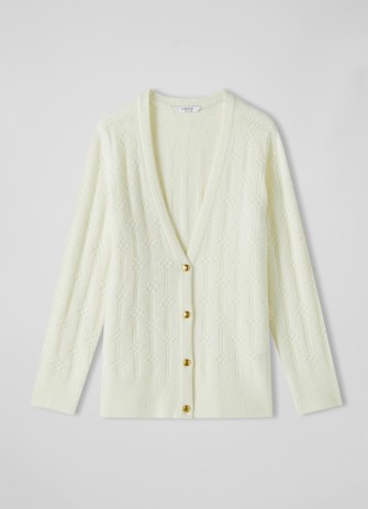 L.K. BENNETT Orla Cream Bubble Knit Longline Cardigan ~ women’s textured long sleeved V-neck cardigans ~ chic knitwear essentials