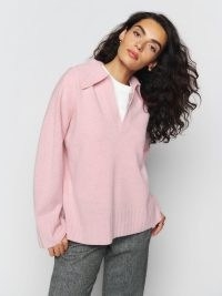 Reformation Otto Regenerative Wool Polo Sweater in Blush | light pink collared sweaters | womens relaxed fit collar detail jumpers | women’s side slit pullovers | luxe knitwear