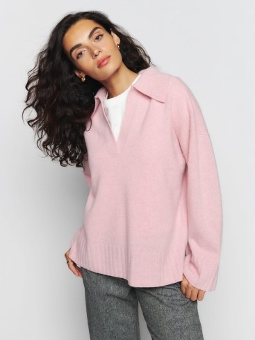 Reformation Otto Regenerative Wool Polo Sweater in Blush | light pink collared sweaters | womens relaxed fit collar detail jumpers | women’s side slit pullovers | luxe knitwear - flipped