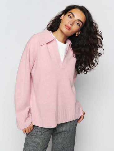 Reformation Otto Regenerative Wool Polo Sweater in Blush | light pink collared sweaters | womens relaxed fit collar detail jumpers | women’s side slit pullovers | luxe knitwear