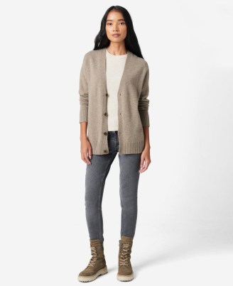KENNETH COLE Oversized Knit Cardigan in Heathered Mushroom ~ women’sribbed trim button front cardigans - flipped