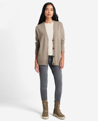 KENNETH COLE Oversized Knit Cardigan in Heathered Mushroom ~ women’sribbed trim button front cardigans