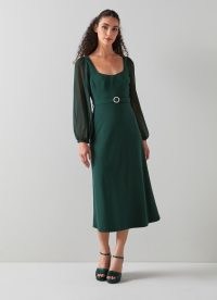 L.K. BENNETT Perdy Green Crepe Sheer Sleeve Dress ~ chic understated party dresses ~ sweetheart neckline occasion fashion